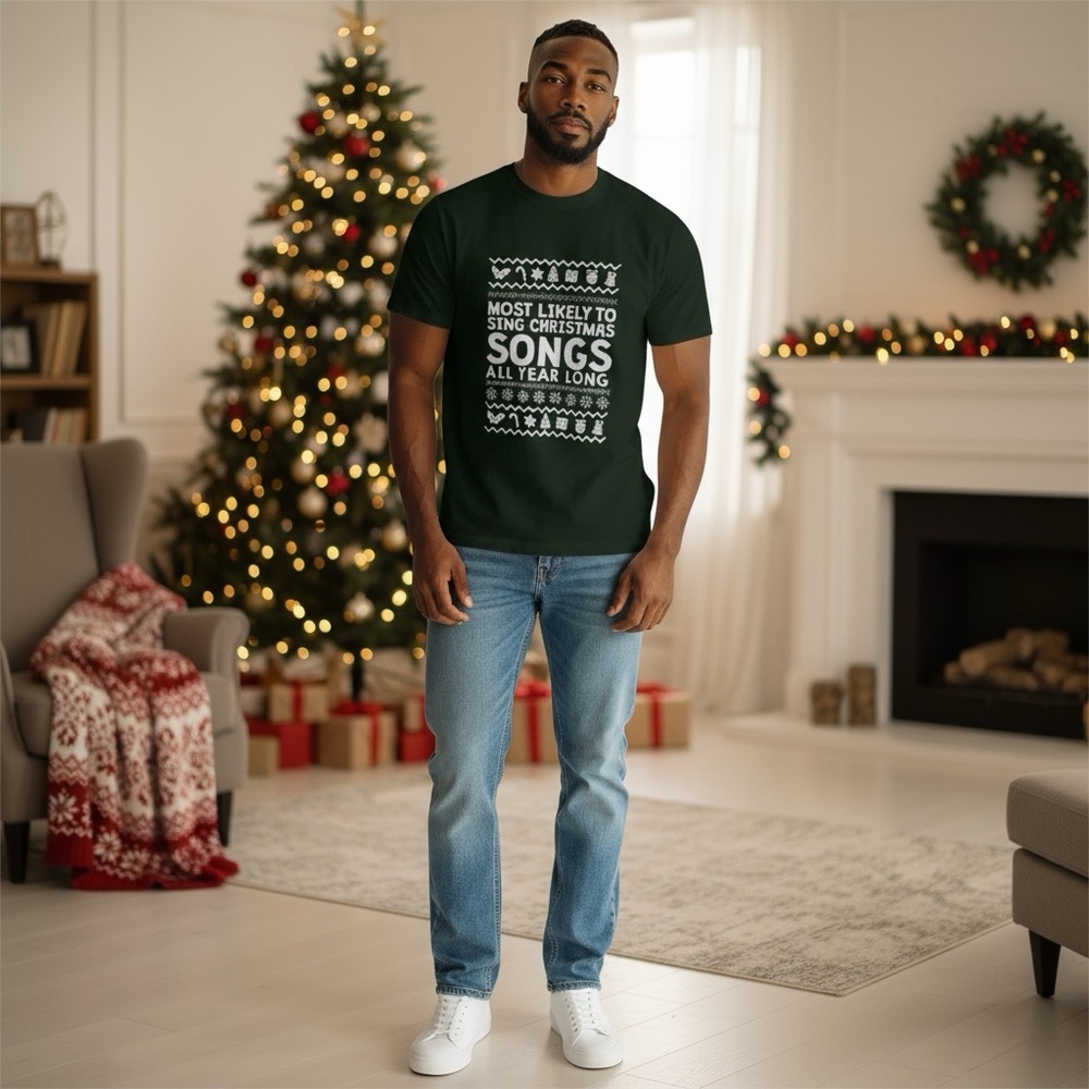 PRICE IS FIRM - Most Likely To Sing To Christmas Songs All Year Green SL Tee - Picture 2 of 3